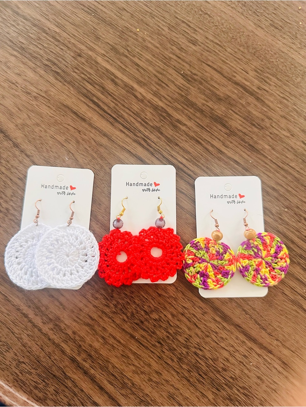 Set of 3 Handmade Crochet Round Earrings - White, Red, Multicolor